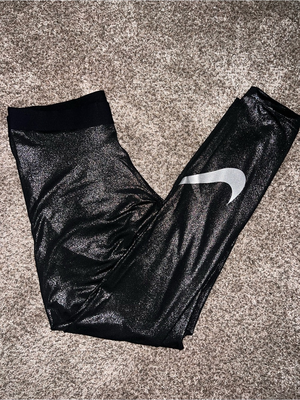 Nike Girls' Black Shimmer Leggings with Silver Swoosh